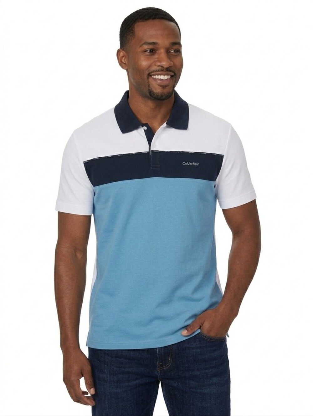 Calvin Klein Liquid Touch Quick Dry White Navy Blue Colorblock Polo Shirt size L